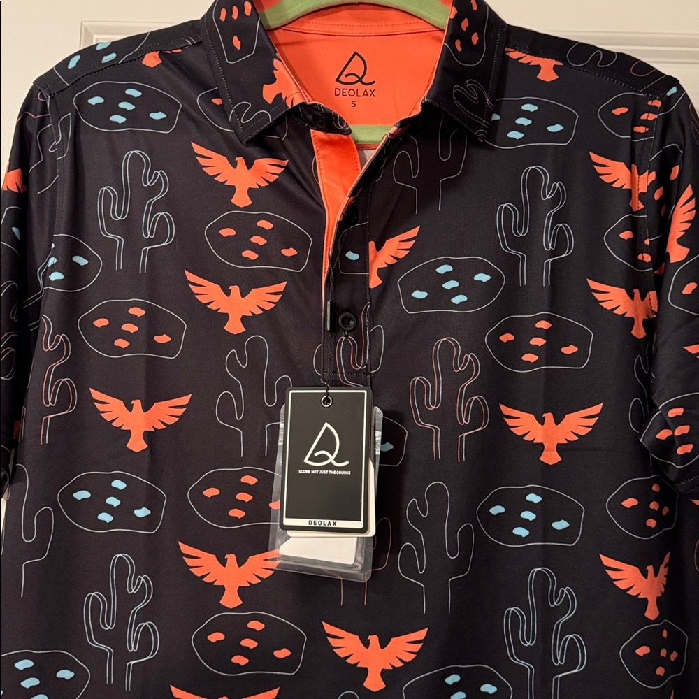 DEOLAX Men's Black Polo with Orange & Blue Desert Motif